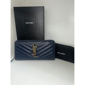 Saint Laurent Monogram Quilted Leather Zip Wallet in Navy